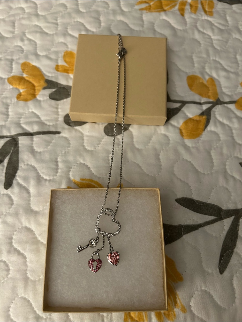 Silver Heart Pendant Necklace with Pink Crystal Charms